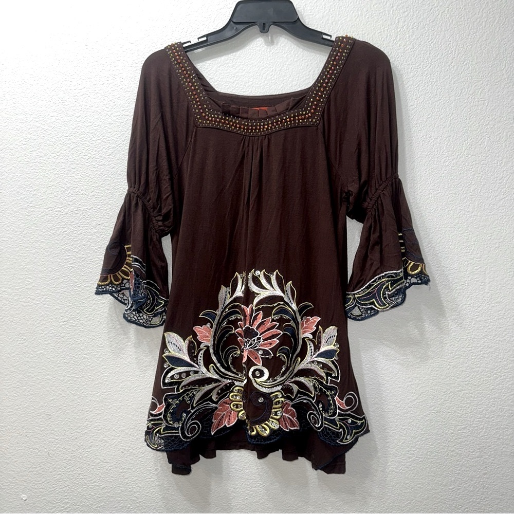 Brown Embroidered Mini Dress Tunic with Bell Sleeves Small